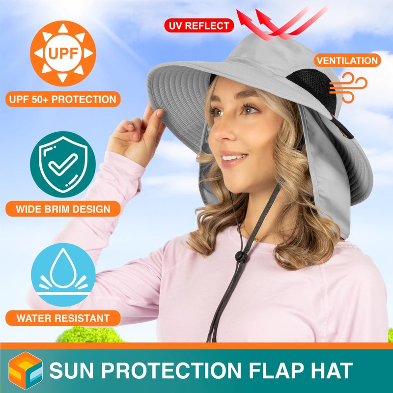 Suncube SUN CUBE Fishing Hat Sun Hat for Men, Women, Hiking Sun Hat with Neck Flap, Wide Brim, Chin Strap, Safari Summer Bucket Boonie Hat, UPF 50+ Outdoor Protection, Packable Breathable Mesh (Light Gray) - Image 4